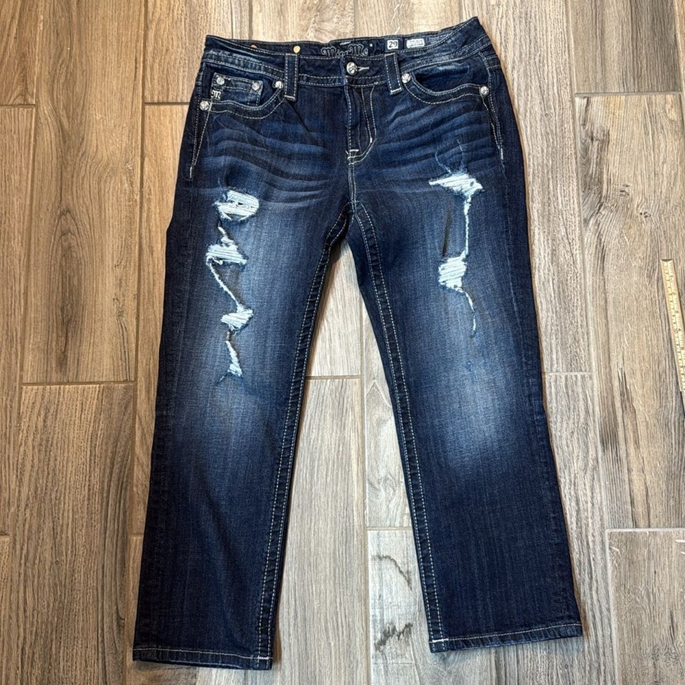 Miss Me Womens Mid-Rise Curvy‎ Cropped Stretch Rhinestone Blue Jeans SZ 29 - Picture 13 of 13